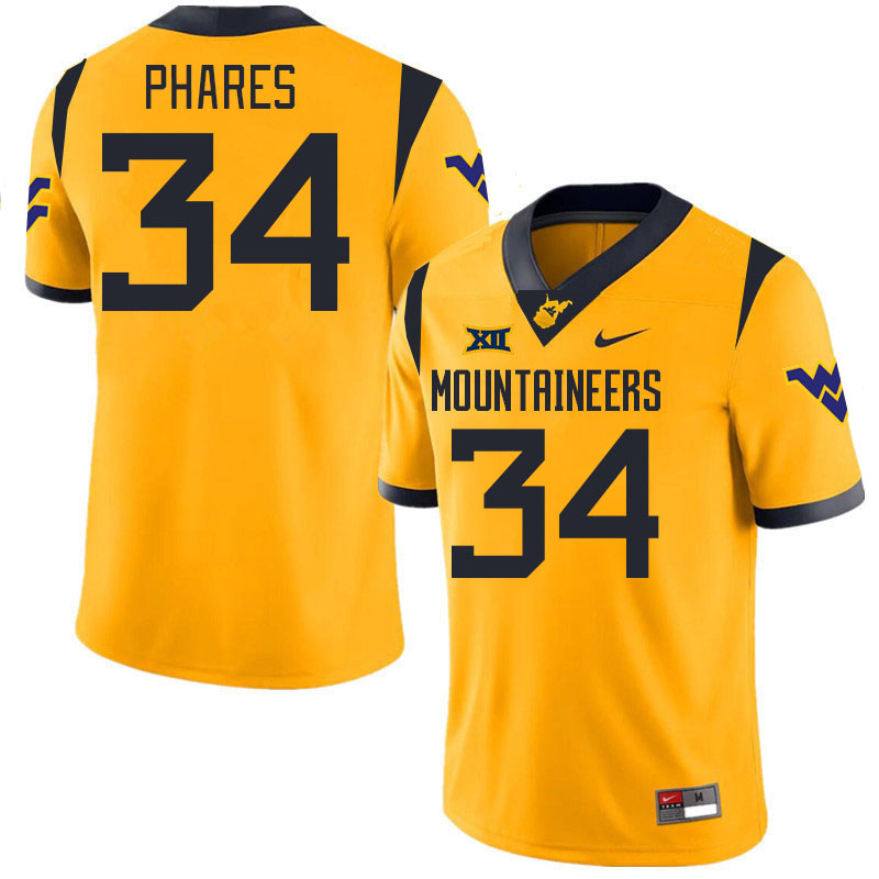 #34 Andrew Phares West Virginia Mountaineers College 2024 New Uniforms Football Jerseys Stitched Sale-Gold